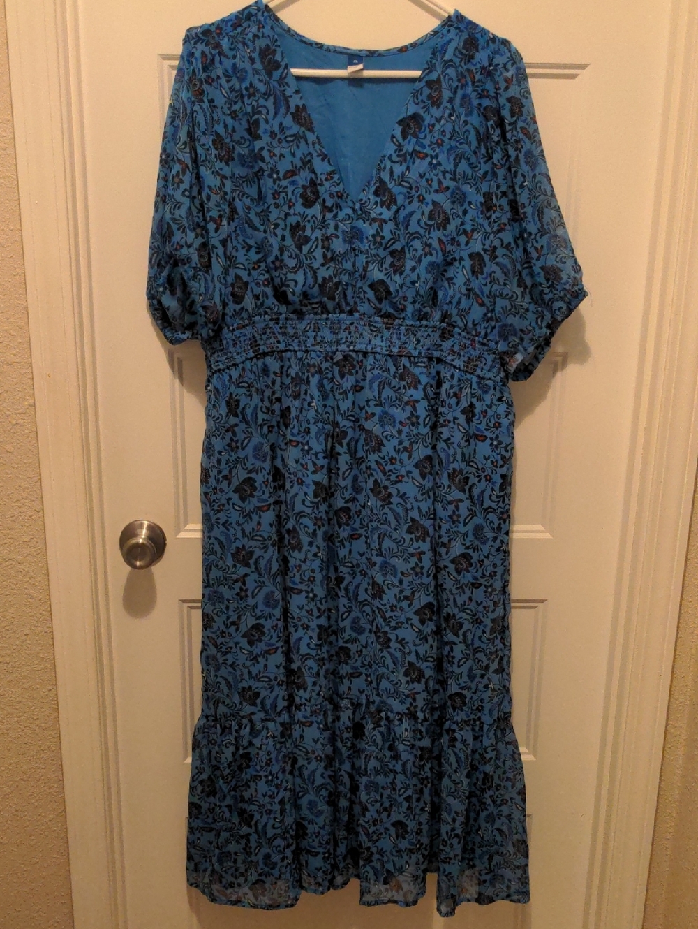 Old Navy Blue Floral Chiffon Midi Dress Smocked Waist XL